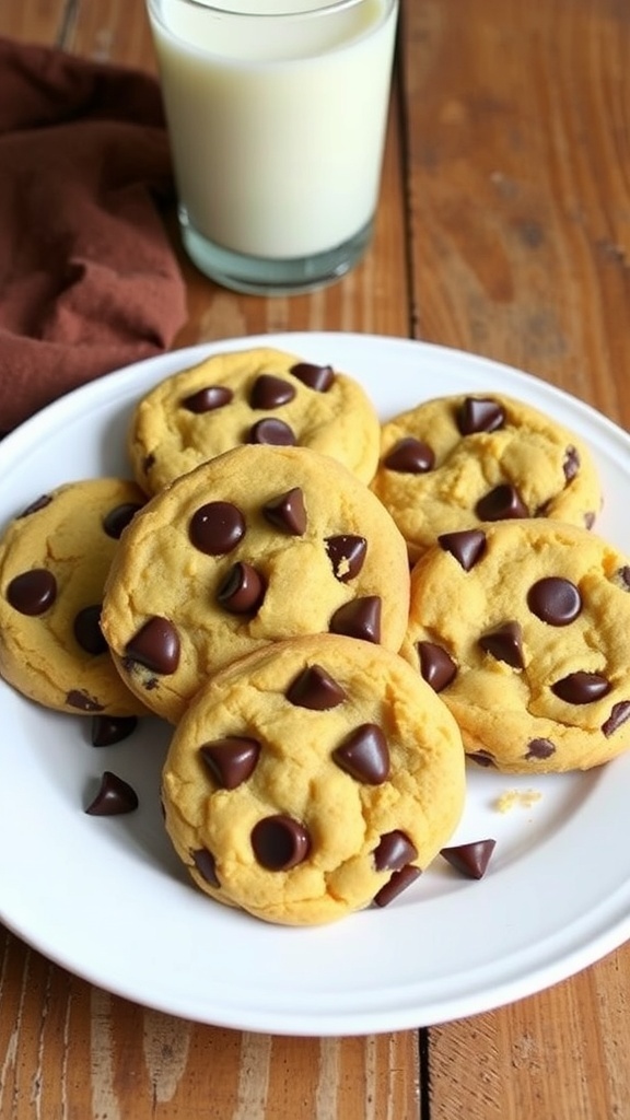 A plate of low carb chocolate chip cookies with melted chocolate chips on a rustic wooden table.